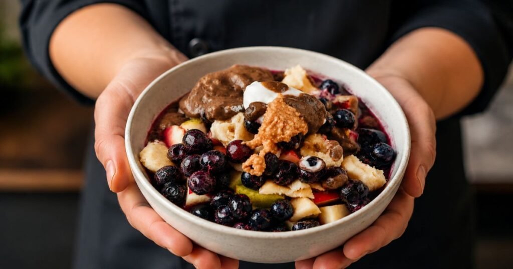 Infographics shows that the the man catches the bow of the healthy recipies
